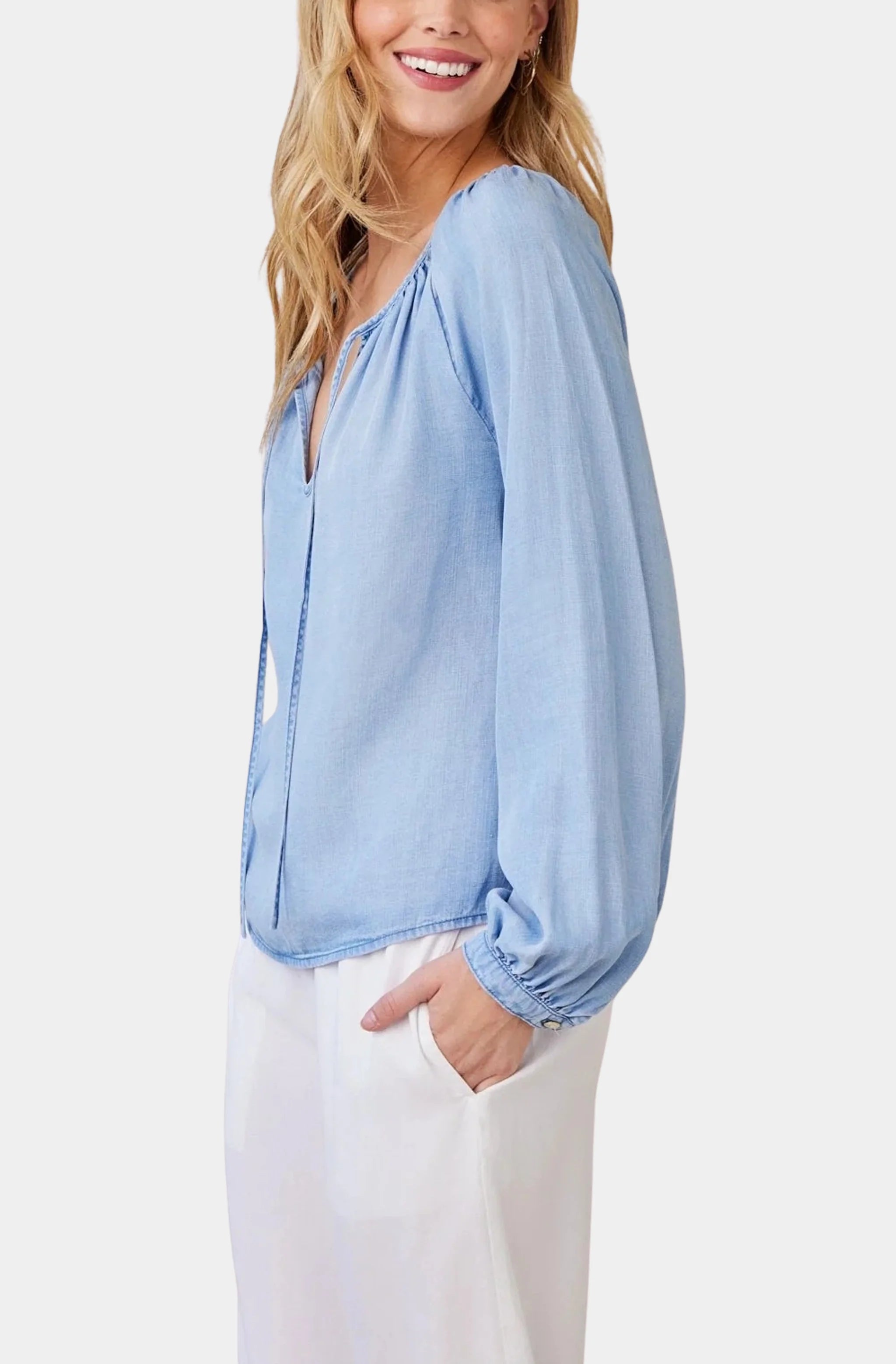 Shirred Raglan Tie Front Blouse
