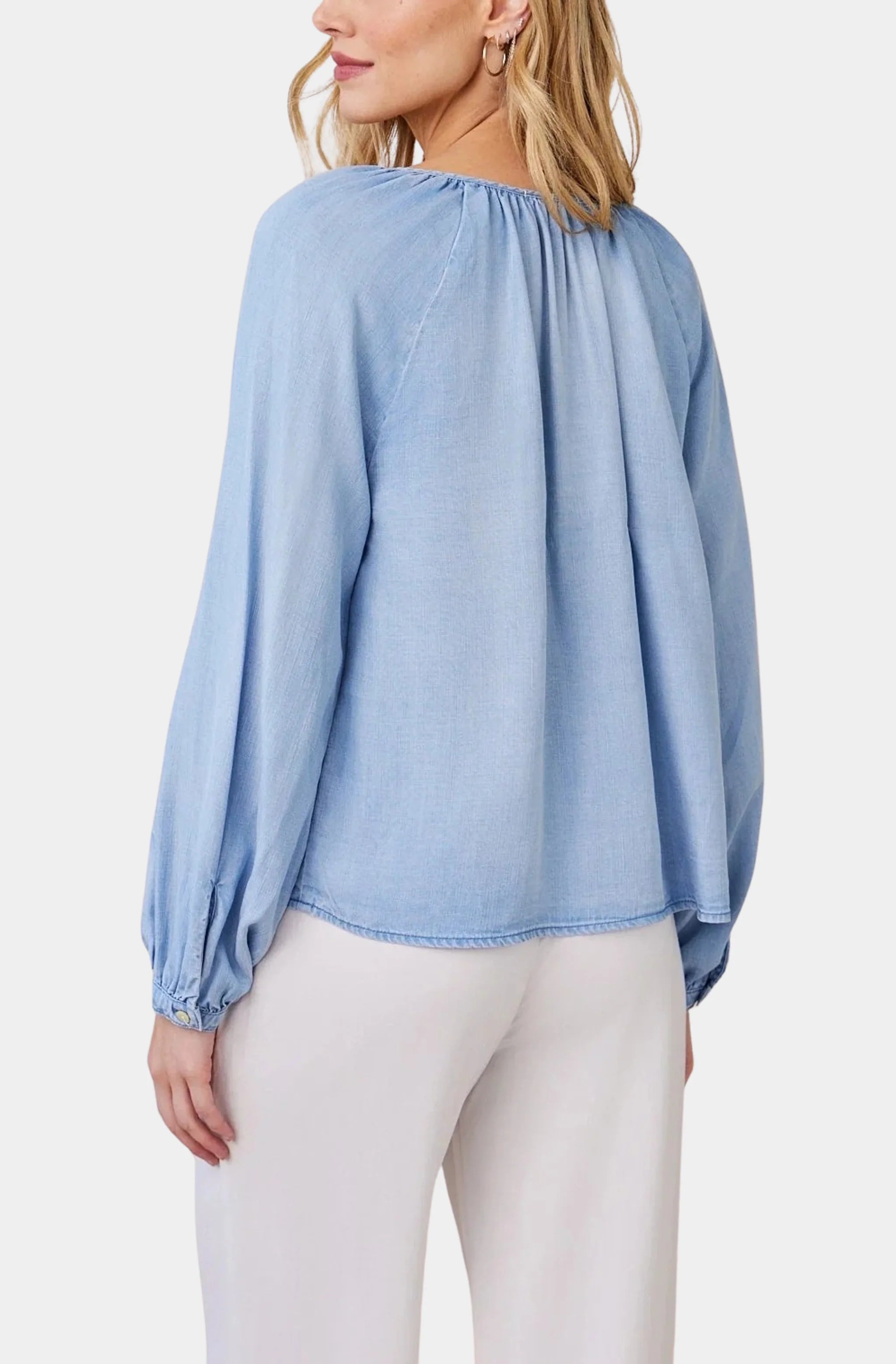 Shirred Raglan Tie Front Blouse