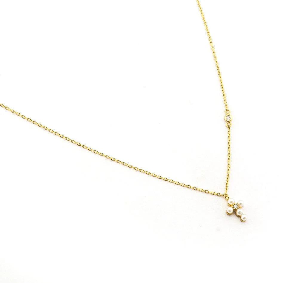 Simple Chain Necklace With Mini Gold Pearl Cross