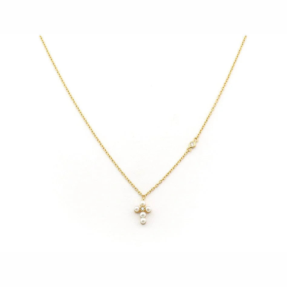 Simple Chain Necklace With Mini Gold Pearl Cross