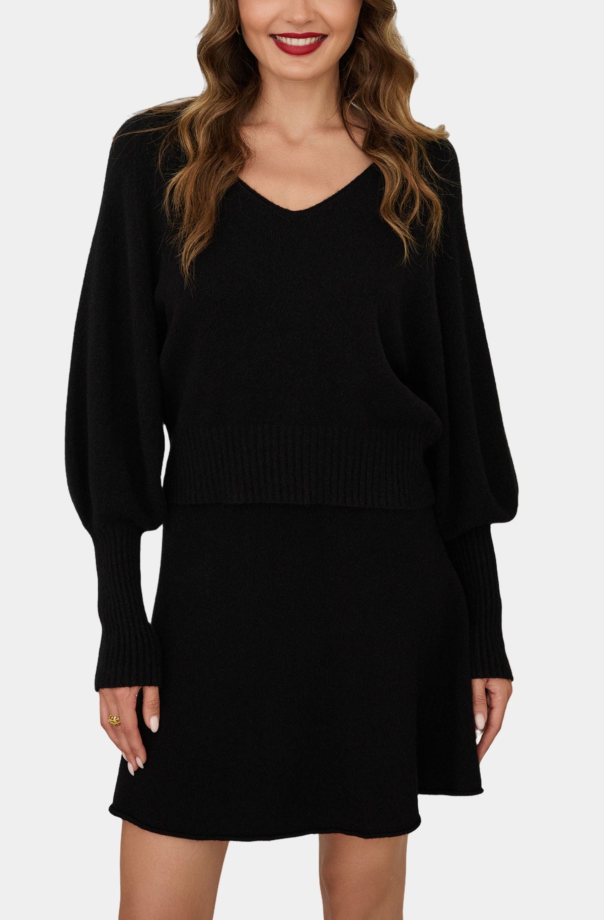 Ribbed Cuff Bubble Sleeve V-Neck Sweater