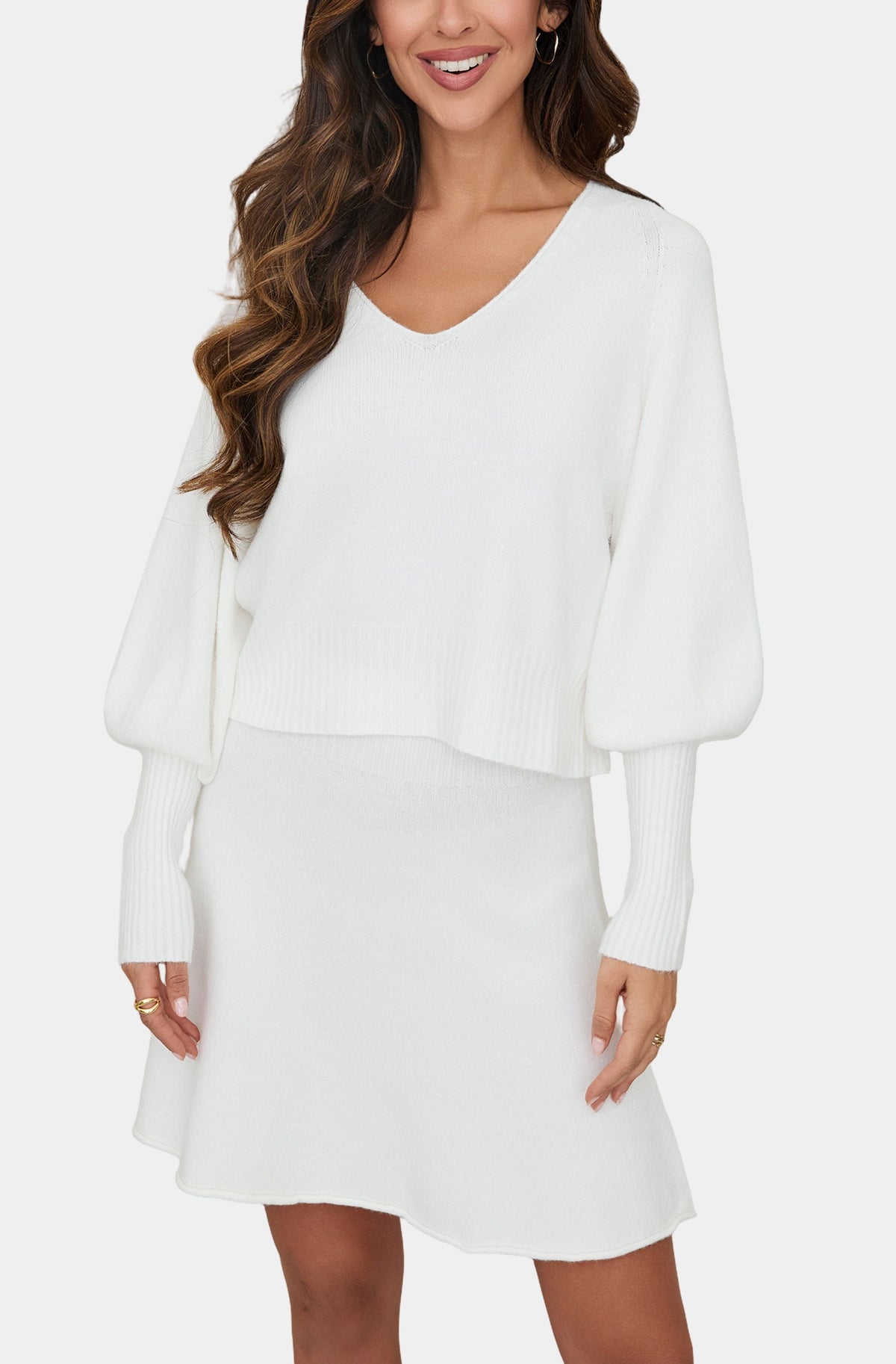 Ribbed Cuff Bubble Sleeve V-Neck Sweater